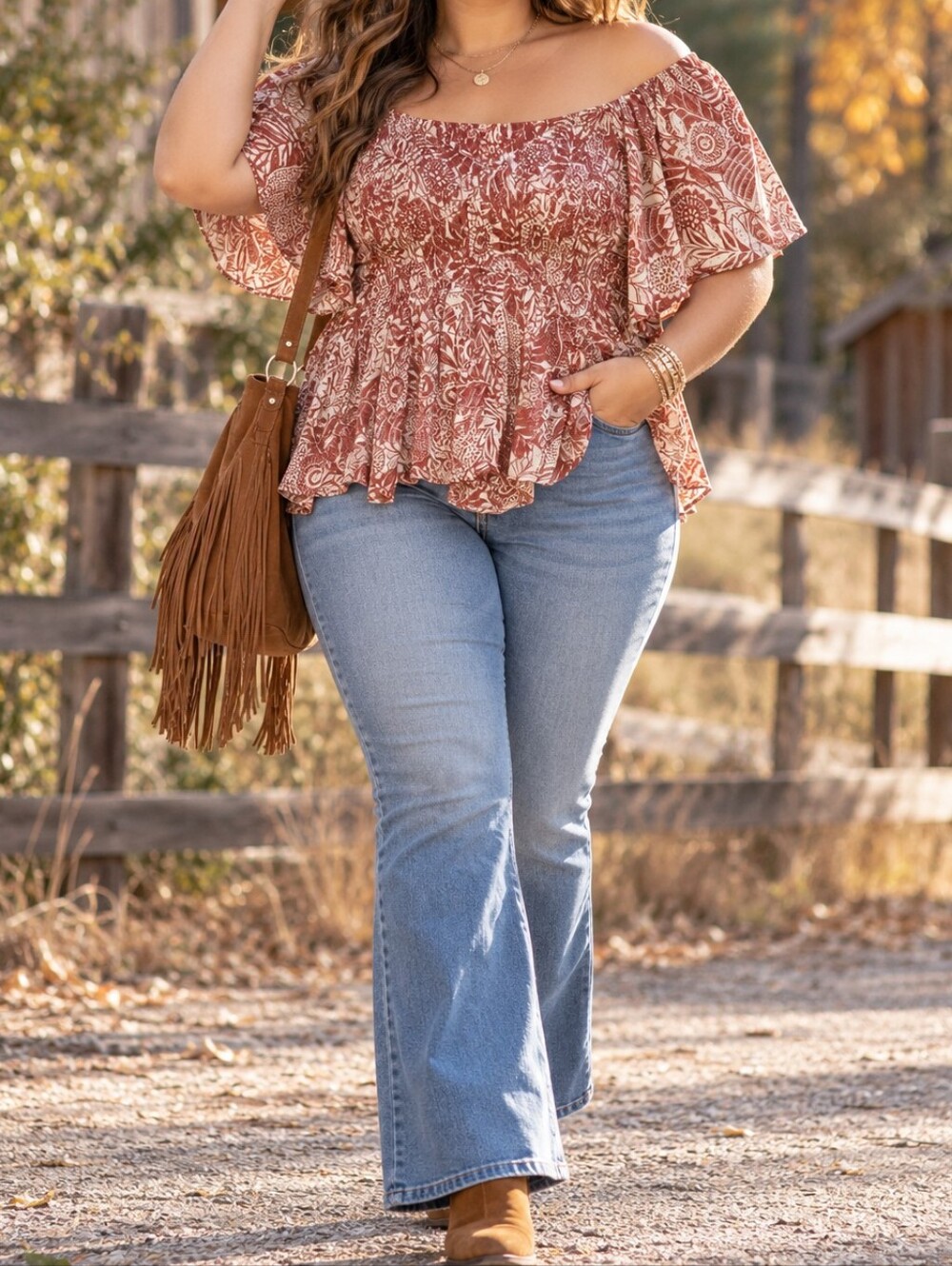 NWT Angie Rust Floral Off Shoulder Peplum Top Boho Cottagecore Rayon